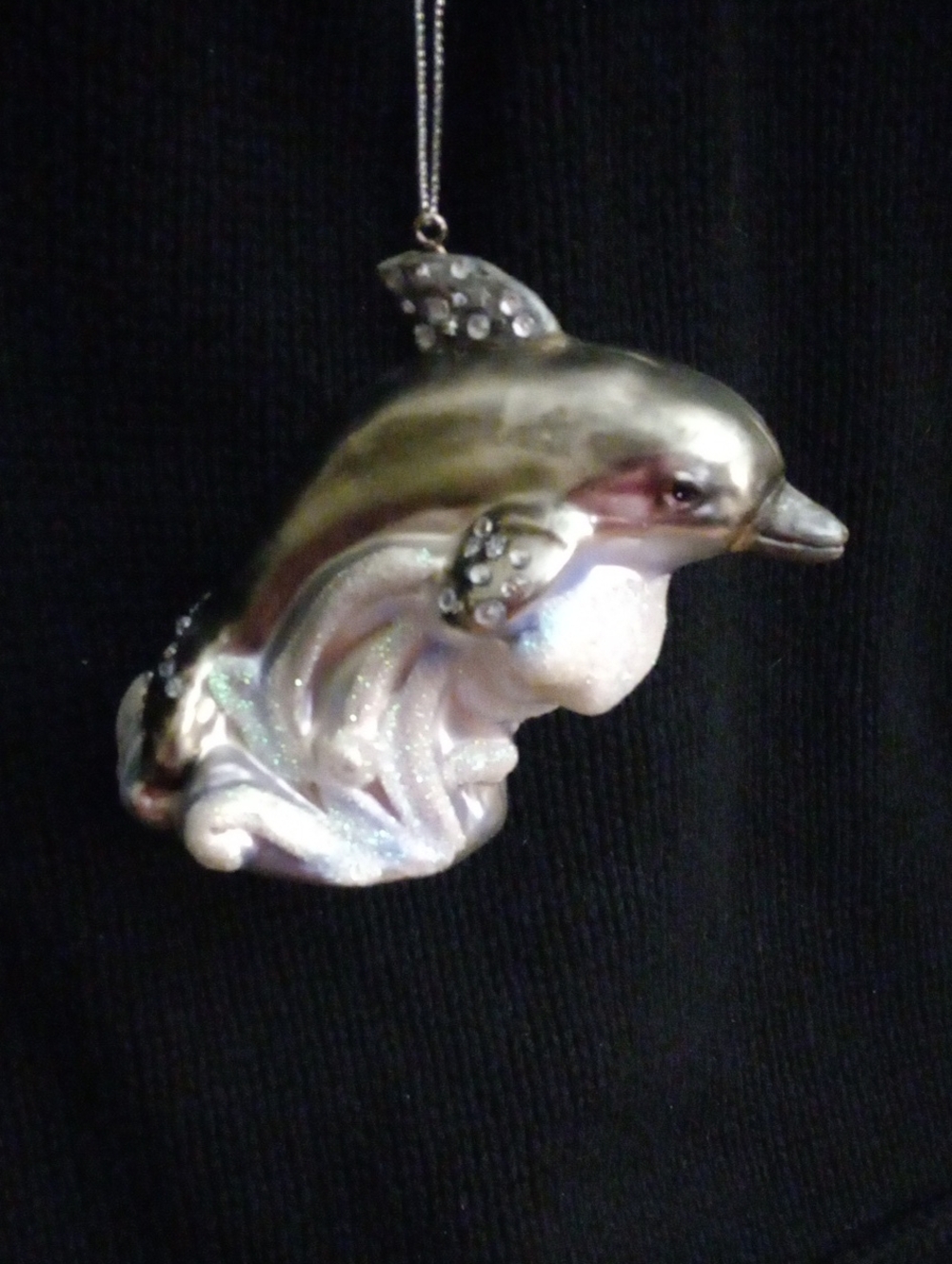 Iridescent Dolphin Hanging Holiday Ornament - Silver & Pearl